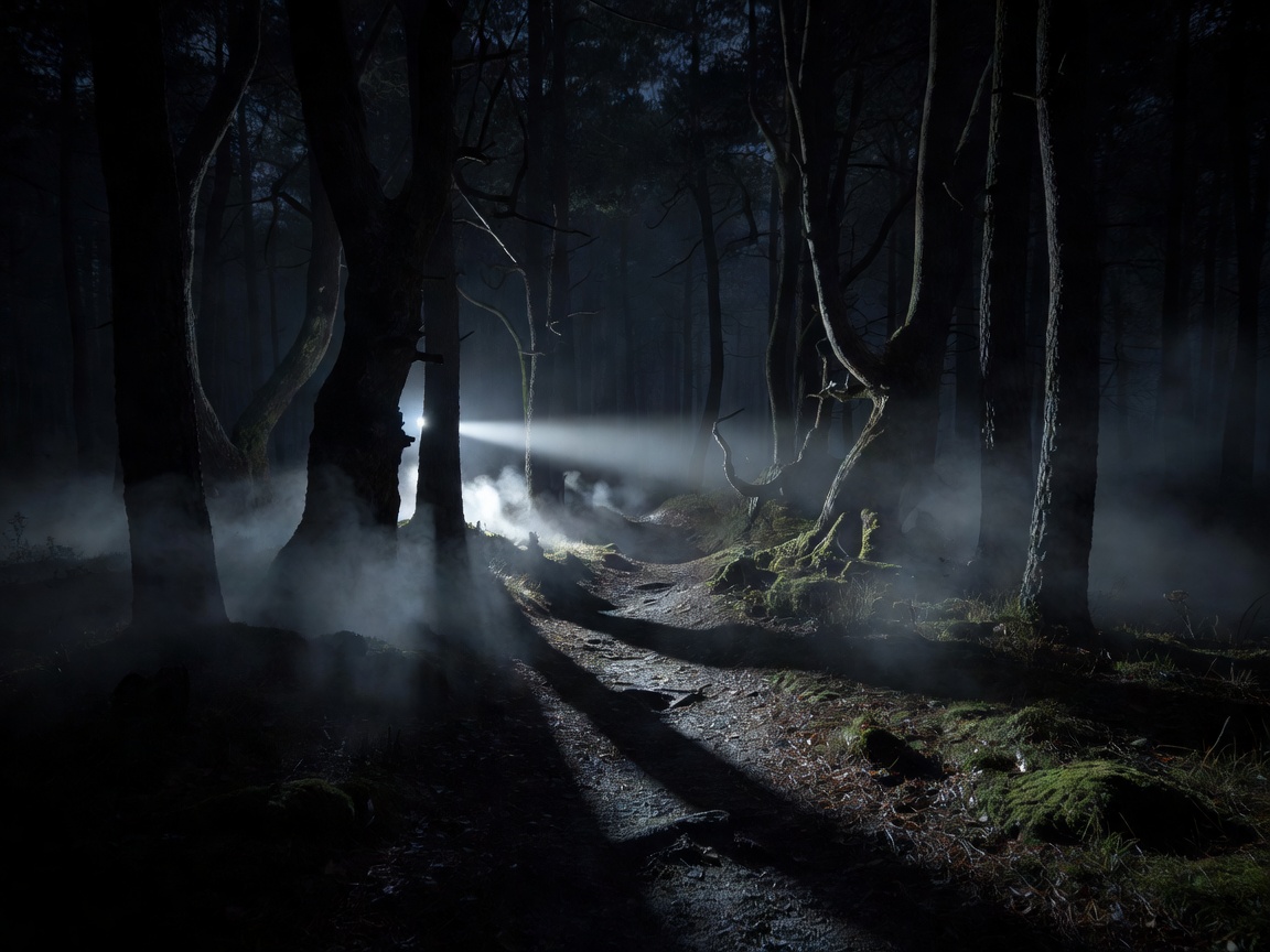 Alan Wake 2 teemainen synkkä metsä ja valonheijastus