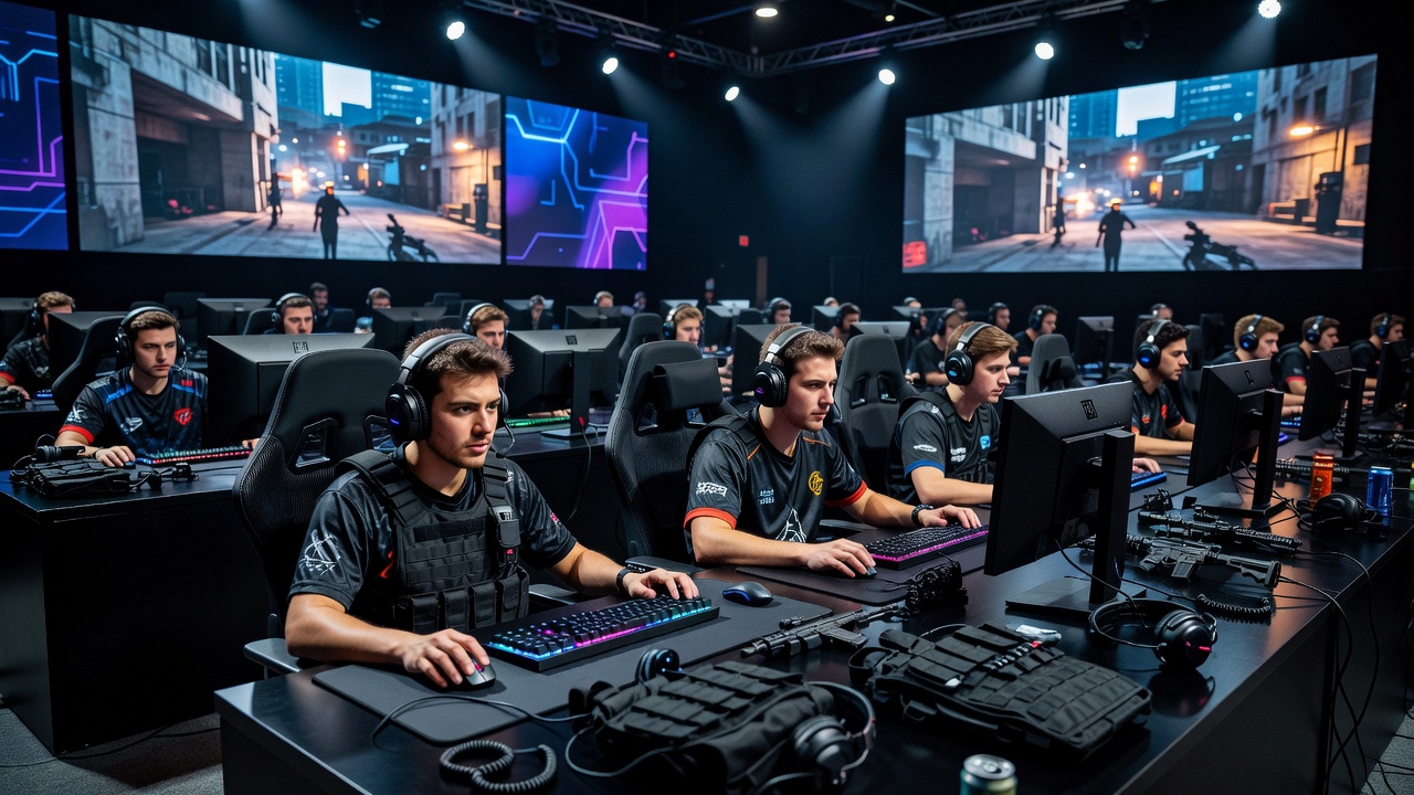 Esports-areena ja pelivarusteet taktisessa räiskintäartikkelissa